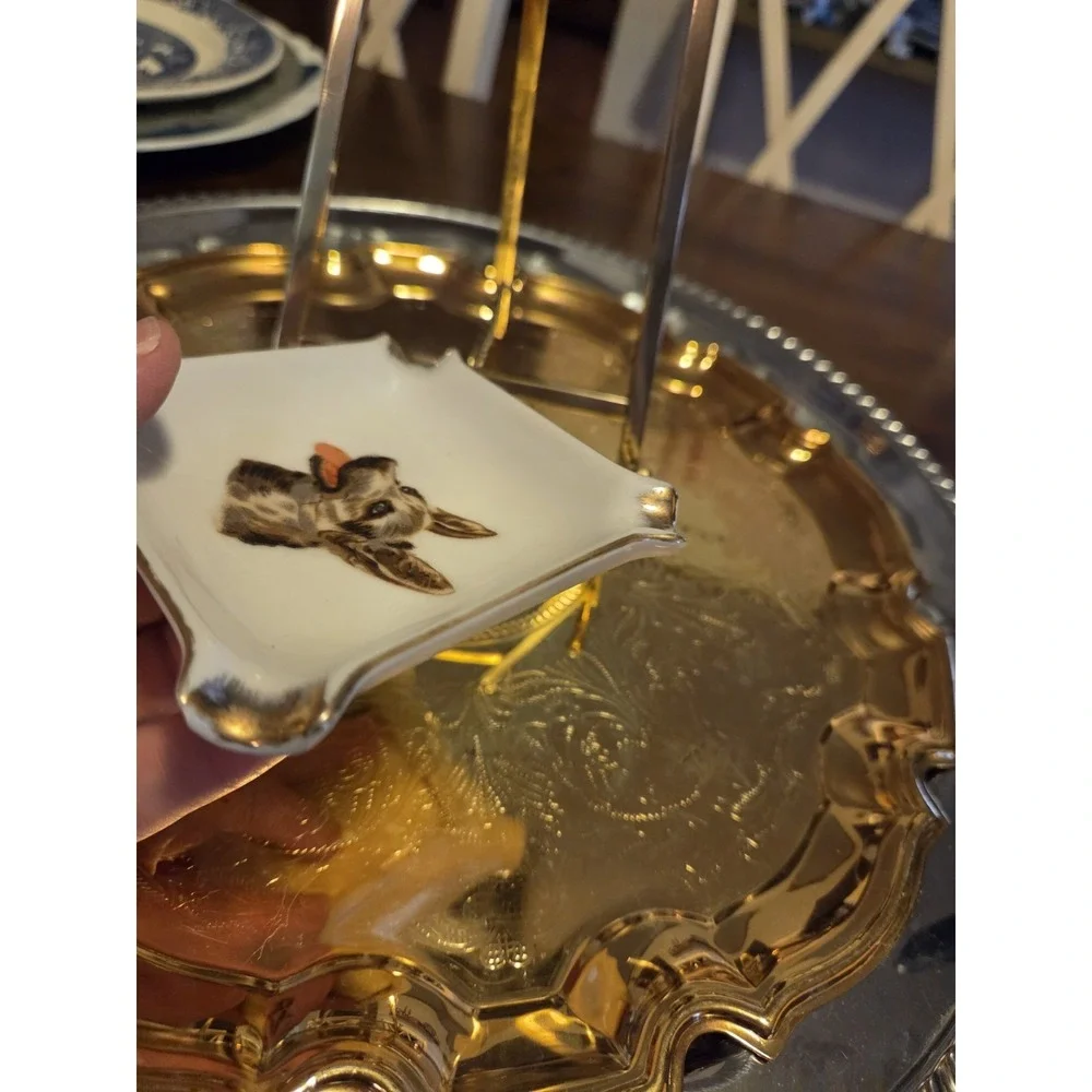 German Shepherd Picture Ashtray White Ceramic Gold Accents Retro Vintage